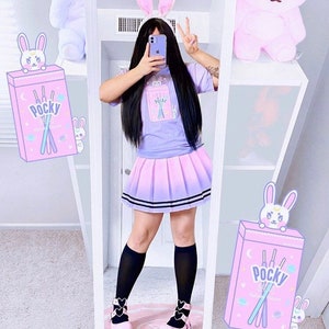 Kawaii Bunny Pocky T-Shirt Pastel Purple Pink Fairy Kei Tumblr Soft Girl Harajuku Decora Japan Orchid Tee Womens by Momokakkoii