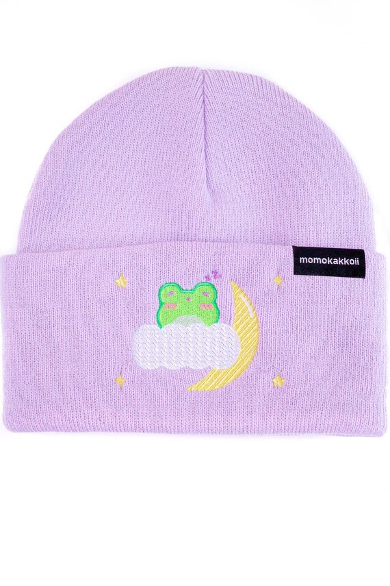 Cute Sleepy Frog Embroidered Beanie Kawaii Pastel Hat Froggy