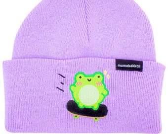 Skater Albert The Frog Embroidered Beanie Adorable Kawaii Funny Soft Aesthetic Winter Autumn Hat Unisex by Momokakkoii