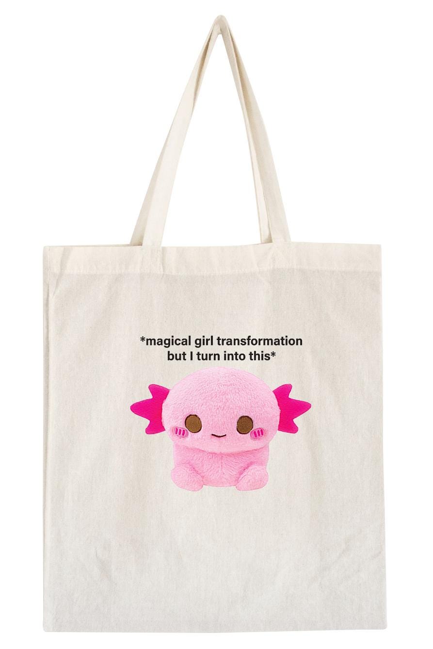Magical Girl Transformation Printed Tote Bag Xoxi The Axolotl Funny Salamander Cottagecore Adorable Memes Cutecore Aesthetic by Momokakkoii