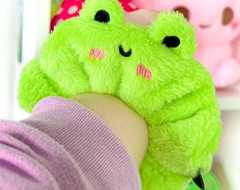 Albert The Frog Handmade Scrunchie - Fluffy Lime Green Plush Hair Tie, Unisex Whimsical Accessory, Fuzzy Cottagecore by Momokakkoii