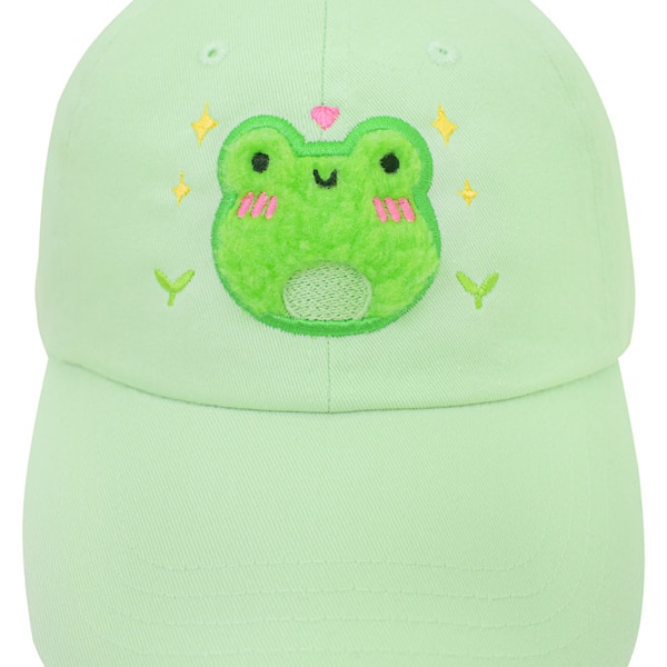 Fluffy Albert The Frog Embroidered Cap Sun Hat Summer Pink Pastel Green Adorable Cute Kawaii Froggy Phrog Froggie by Momokakkoii