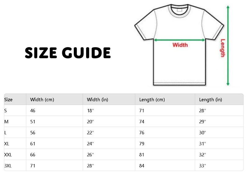 May include: A size guide graphic with the text "SIZE GUIDE". It includes a t-shirt outline with width and length indicators. A table shows sizes S to 3XL, with corresponding width in inches and centimeters, and length in inches and centimeters.