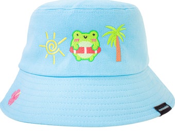 Summer Albert The Frog Embroidered Bucket Hat Sky Blue Purple Summer Hat Cute Cottagecore Froggy Phrog Froggie Adorable by Momokakkoii