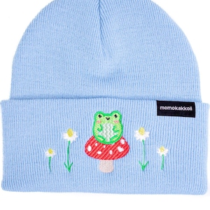 Albert The Frog & Mushroom Embroidered Beanie Cute Froggy Froggie Phrog Kawaii Aesthetic Cottagecore Mori girl  by Momokakkoii