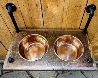 Wood Floating Raised Dog Feeder wall mounted dog dish holder - food - pet feeder