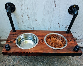 Wood Floating Raised Dog Feeder wall mounted dog dish holder - food - pet feeder