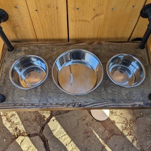 adjustable height dog bowl stand Elevated Double Feeder with Stainless Bowls, Adjustable Height 3" to 10", 5  Cups Per Bowl, Light Grey, Faux Wood Legs