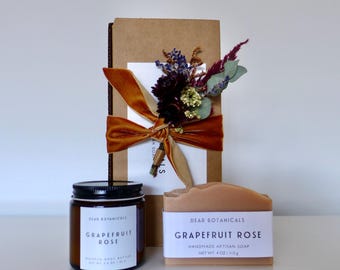 Set de regalo de jabón botánico y manteca corporal: Caja de autocuidado con flores secas