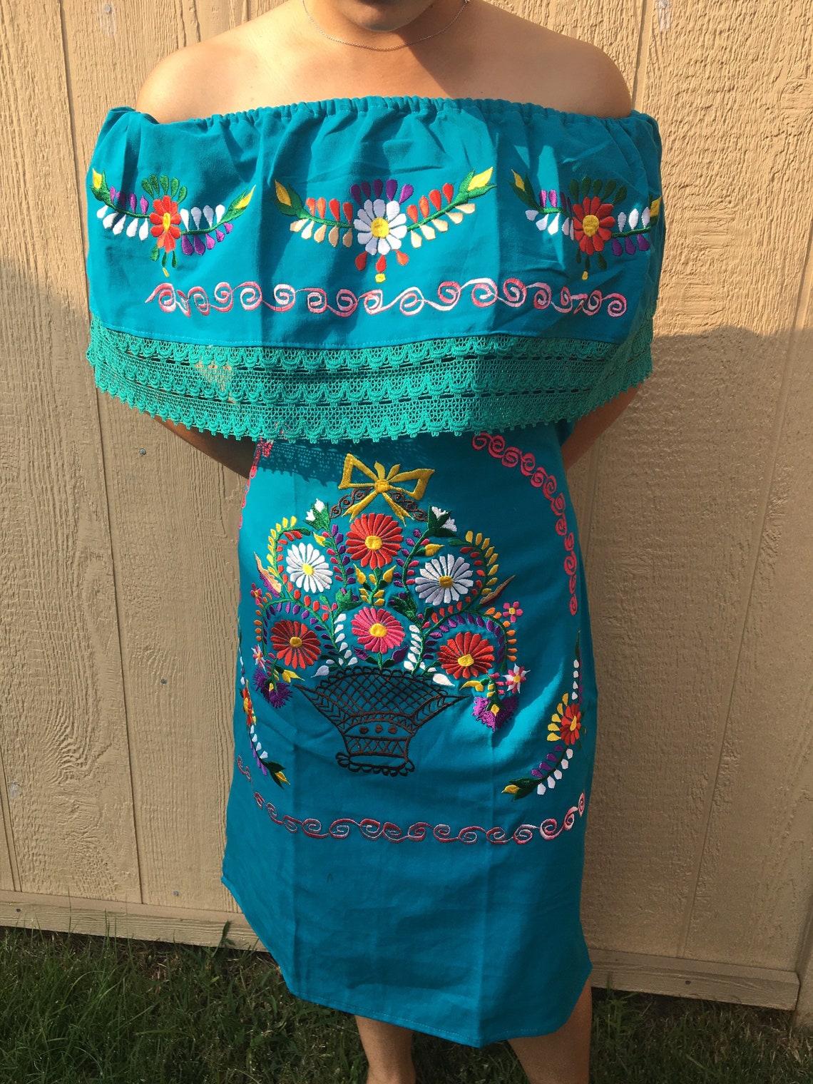 Blue off Shoulder Mexican Dress Embroidered Mexican Dress | Etsy