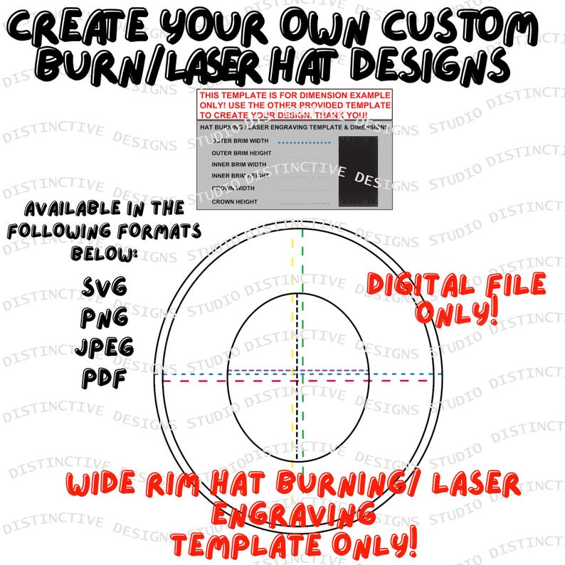 May include: Digital hat design template for burn and laser engraving. The image includes text that says "Create Your Own Custom Burn/Laser Hat Designs" and "Digital File Only!" Available in SVG, PNG, JPEG, and PDF formats.