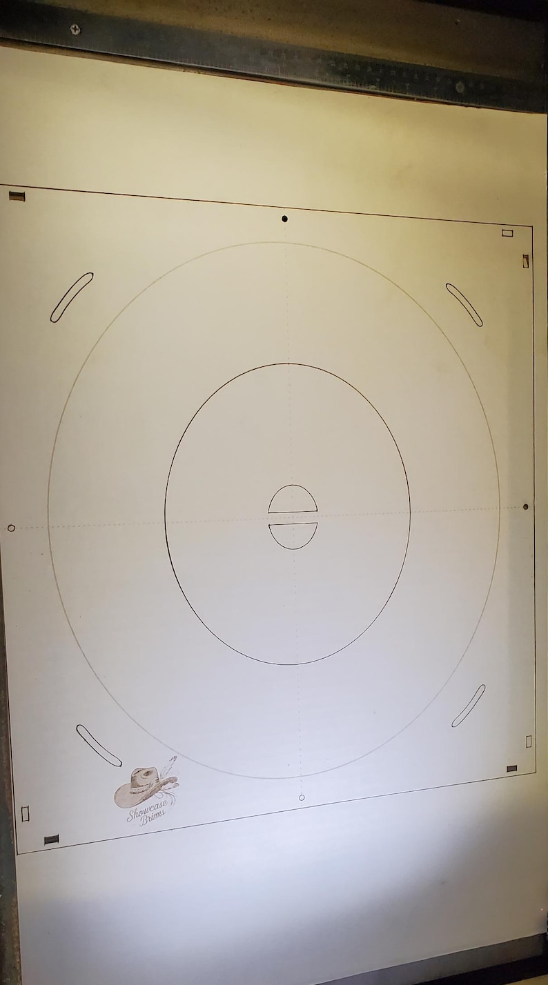 May include: A white, rectangular surface with concentric circles and curved lines, possibly a template or guide. The image includes the text "Showcase Prims" and a graphic of a hat.