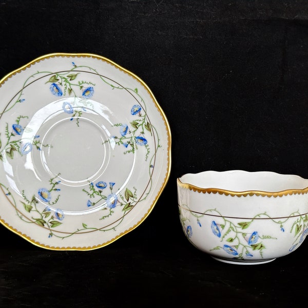 Herend / White Porcelain Fine China Teacup & Saucer / Morning Glory of Nyon patroon / Uitstekende staat / 24-karaats goud / Hongarije