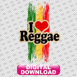 Może przedstawiać: Grafika z napisem "I Reggae" w kolorze czarnym, czerwonym sercem i tłem z zielonych, żółtych i czerwonych pociągnięć pędzla. Różowy przycisk na dole mówi "POBIERANIE CYFROWE".