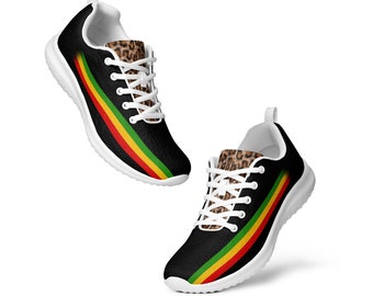 Black Rasta Colors Men’s Sneakers - Leopard Print Reggae Athletic Shoes, Rasta Clothing, Positive Vibration, Africa Shoes