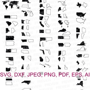 50 Staaten SVG Karte Weltkarte Vereinigte Staaten 50 Staaten solide umreißen uns Karte geschnitten und drucken SVG-Dateien dxf pdf ai jpeg png cricut Silhouette sb-56