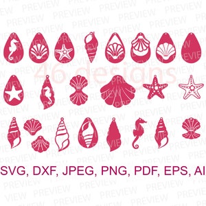 May include: A set of 20 digital cut files featuring various sea-themed designs, including seashells, starfish, and a seahorse. The designs are in a solid red color and are perfect for crafting projects.