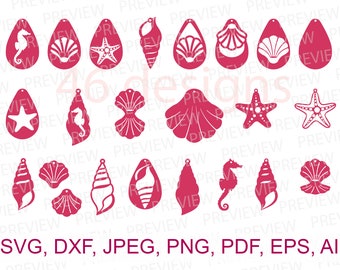 46 Sea Earrings SVG Star fish Shell Horse Earring SVG Cut File Faux Leather seashell Template Earrings SVG files for cricut silhouette sb-75