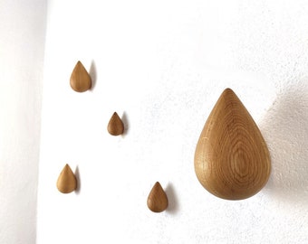 Wooden drops set of 5, Water Drop Hooks, Oak wood hangers, modern coat hooks, oak wall drop, zirben haken
