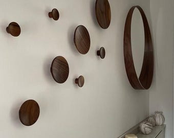 Hand Turned Walnut Wood Wall Hooks, Minimalist Concave Coat Hanger