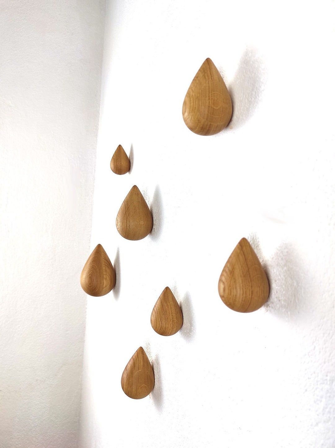 Wooden Drops Set of 7, Water Drop Hooks, Oak Wood Hangers,tear Drops