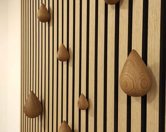 Oak Wood Tear Drop Wall Hooks, Modern Rounded Hanger, Acoustic Panel Mount