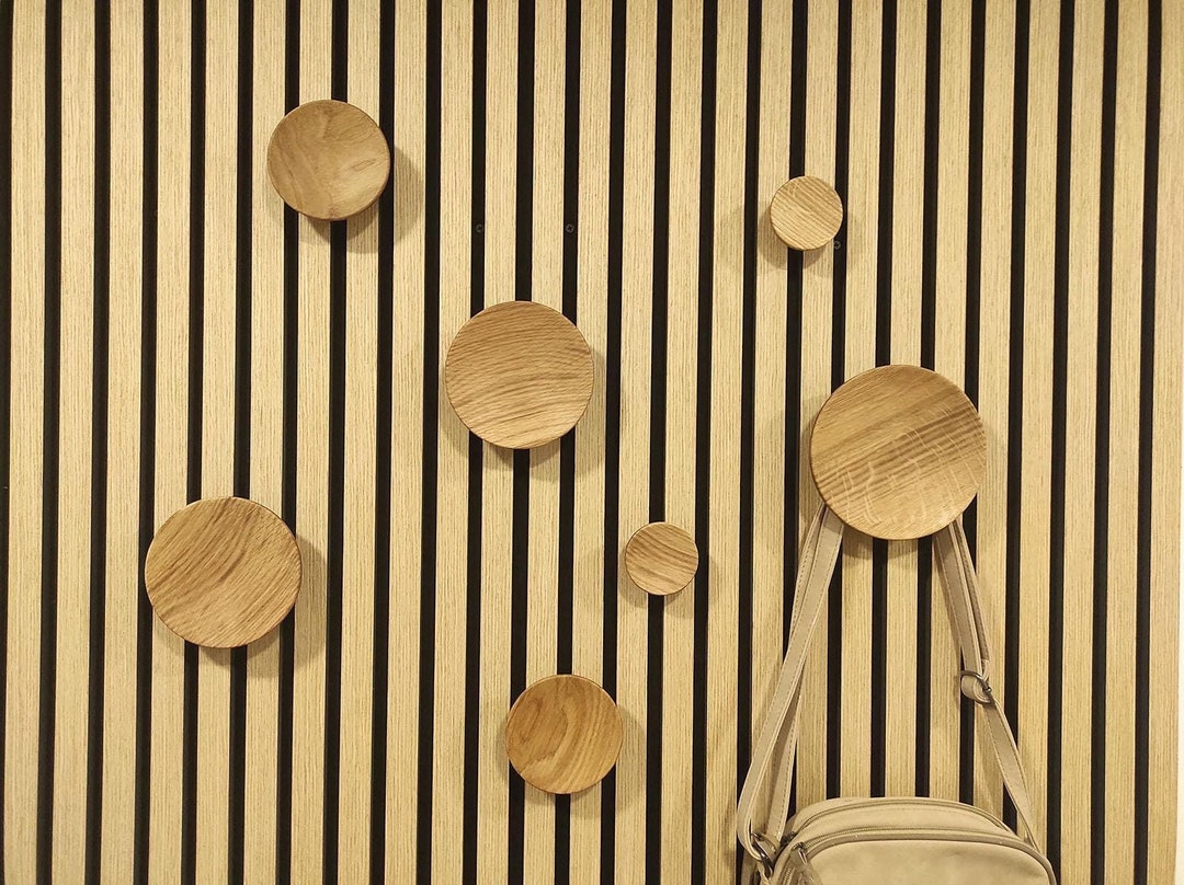 Acoustic Panel Wood Hook, Oak Wall Hanger, Round Walnut Dots, Modern ...