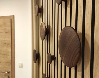 Set of 7 Oak Wood Hooks, Convex Shape, Modern Acoustic Panel Hangers