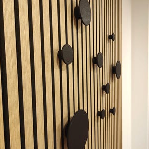 Puede incluir: Un panel de pared de madera con rayas negras verticales y varios ganchos de pared negros y redondos de diferentes tama&ntilde;os. Los ganchos est&aacute;n espaciados uniformemente, creando un dise&ntilde;o moderno.