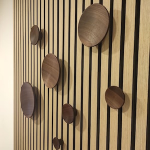 May include: A wall with vertical wooden slats in a light brown color with darker brown slats interspersed. There are seven wooden wall hooks in various sizes and shapes, all made of dark brown wood.