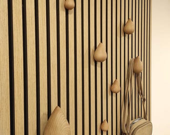 Oak Wood Drop Hooks, Set of 7, Teardrop Wall Hangers, Acoustic Panel Compatible