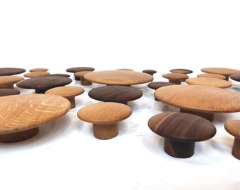 Set of 7 Walnut Oak Convex Wood Hooks, Modern Wall Knobs