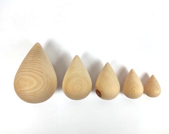Set of 5 Oak Wood Drop Hooks, Modern Wall Hangers, Rounded Design