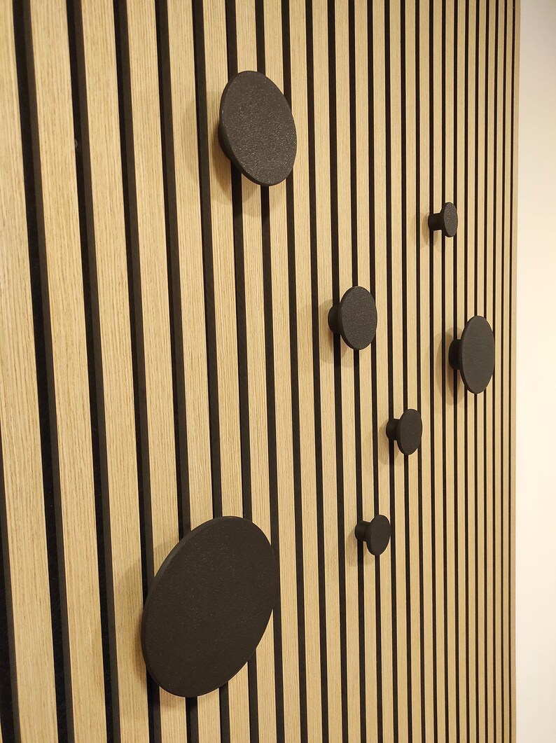 Puede incluir: Un panel de pared de madera con rayas negras verticales y vetas de madera marr&oacute;n claro. Varios ganchos de pared circulares negros mate de diferentes tama&ntilde;os est&aacute;n adheridos, creando un dise&ntilde;o moderno y minimalista.