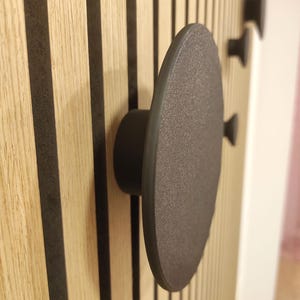 Può includere: Un attaccapanni a parete moderno con un grande gancio circolare grigio scuro e due ganci più piccoli. I ganci sono montati su un pannello di legno con doghe verticali in legno chiaro e strisce di accento grigio scuro.