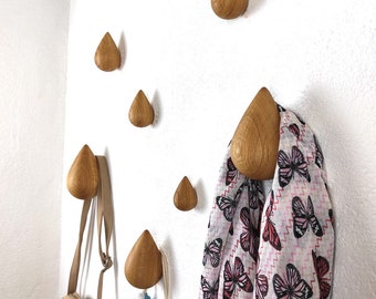 Wooden drops set of 7, Water Drop Hooks, Oak wood hangers,Tear drops hook,  Modern coat hooks, Oak wall drop, Zirben Wandhaken