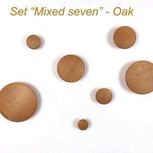 Puede incluir: Conjunto de siete círculos de madera de roble de varios tamaños, sobre un fondo blanco. El texto "Set 'Mixed seven' - Oak" es visible. Los círculos de madera varían en tamaño, mostrando la veta natural del roble.