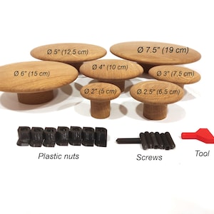 May include: A collection of wooden cabinet knobs in various sizes, ranging from 2 inches (5 cm) to 7.5 inches (19 cm) in diameter. Includes plastic nuts, screws, and a red tool. The text on the image reads "Plastic nuts", "Screws", and "Tool".