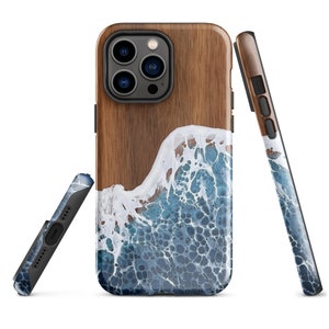 Ocean Resin Art Print iPhone Case, Faux Wood and Resin Cover, Ocean-Themed Cell Phone Case, Coastal Vibes