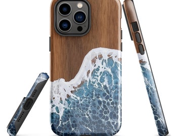Funda para iPhone con arte de resina oceánica: cubierta costera de imitación madera