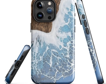 Funda para iPhone con impresión artística de olas del océano: diseño costero con vetas de madera