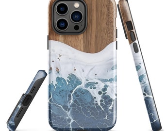 Funda para iPhone con diseño de resina oceánica, textura de madera, doble capa
