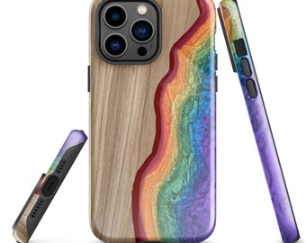 Funda arcoíris para iPhone: Impresión artística de madera y resina, protección de doble capa