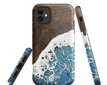 Funda para iPhone con estampado artístico de resina oceánica, aspecto de madera de nogal negro, funda para teléfono con diseño costero