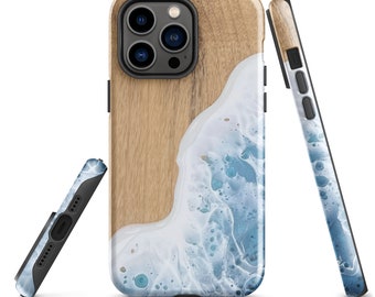 Funda para iPhone con diseño de olas del océano: Impresión artística en madera y resina