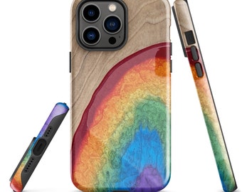 Funda para iPhone con impresión artística de resina arcoíris: diseño de vetas de madera