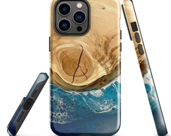 Funda para iPhone con impresión artística de resina de olas del océano: diseño de madera de aliso