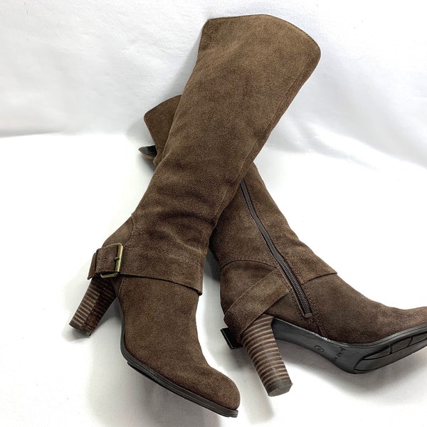 knee high 90's Y2K Quality Vintage Suede Nine West Harness Boots womens sz 7 BROWN Suede LEATHER Boots Cosplay Boots Lightly Distressed