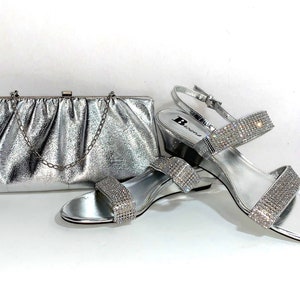 silver Shoes & purse 70&#39;s size 7 METALLIC SILVER SHOES Rhinestone Straps silver cosplay shoes