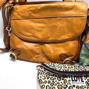 Pu&ograve; includere: Una borsa a tracolla in pelle marrone con patta curva e tracolla regolabile. La borsa ha finiture in metallo e un ciondolo a forma di chiave. &Egrave; visibile anche un marsupio con stampa leopardata con la scritta "LOVE BRIGHTON".